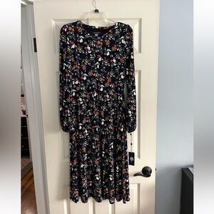 NEW Tommy Hilfiger floral dress navy blue stretch jersey long balloon sleeves 8